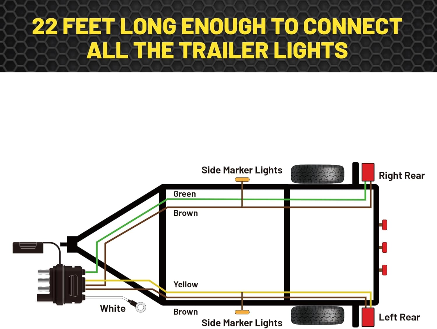 4 Pin 5 Wire Trailer Wiring Harness 22FT for Taillights, 4 Way Flat Plug, Pure Copper Wire J492508