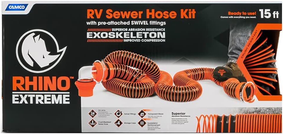 Camco Manufacturing 39861: Rhinoextreme 15' Sewer Hose Kit W/Swivel Fit, 4-N-1, Elbow, Caps