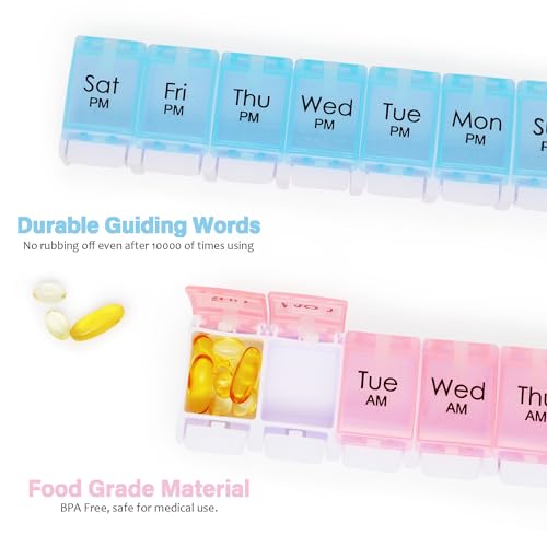 7 Day Pill Organizer 2 Times a Day, 14 Dividers with Easy Push Button W664719