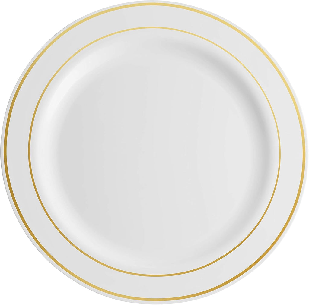 100 Piece Plastic Party Plates White Gold Rim, 50 Dinner and 50 Dessert Plates K48971