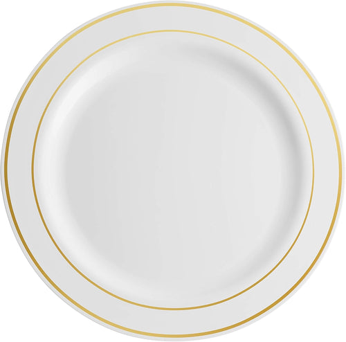 100 Piece Plastic Party Plates White Gold Rim, 50 Dinner and 50 Dessert Plates K48971