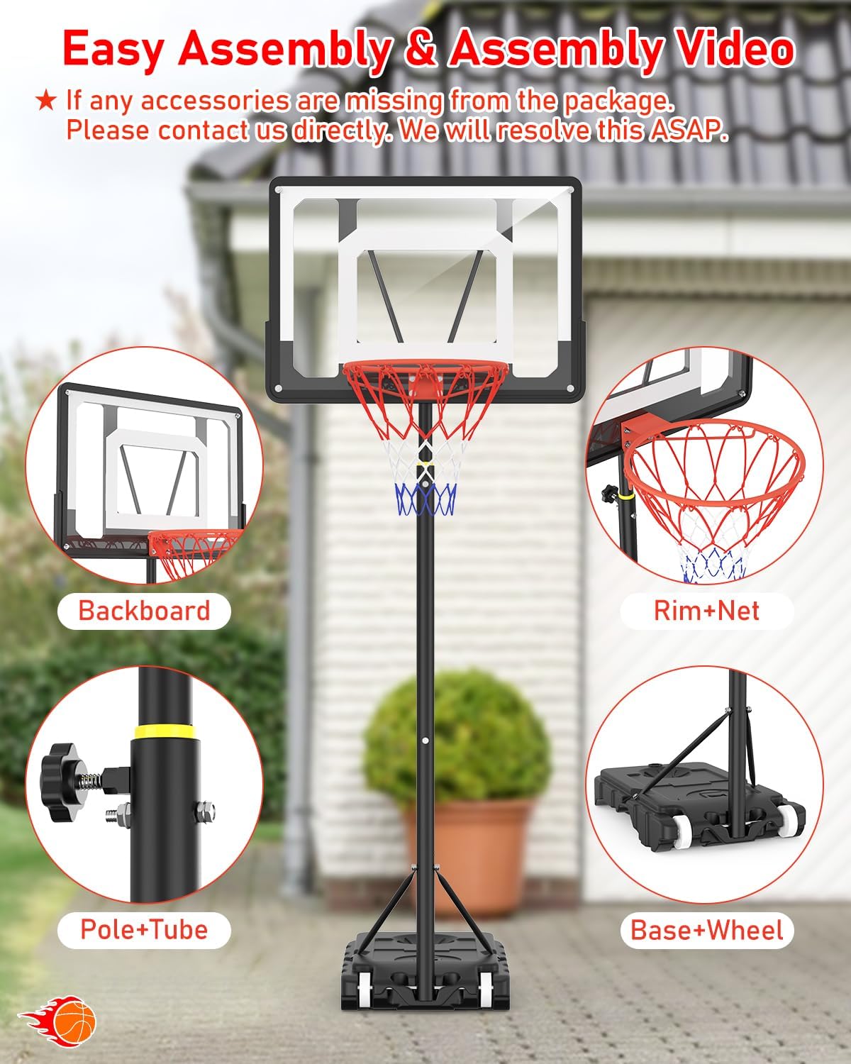 Portable Basketball Hoop, 5-7FT Adjustable, 33 Inch Shatterproof Backboard with Wheels V690391