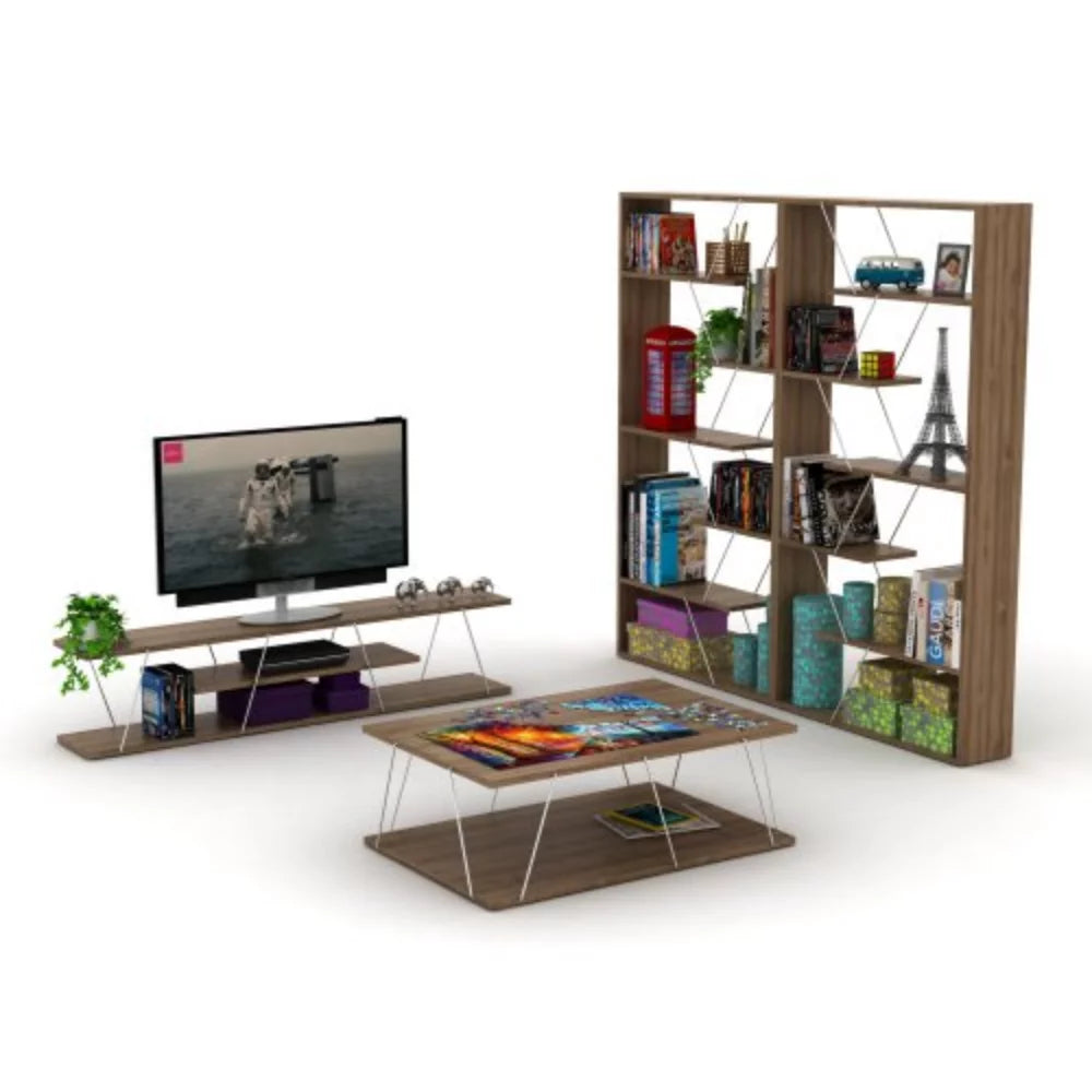 Wood Frame Etagere 6-Shelf Bookcase for Living Room, Walnut/Chrome H187991