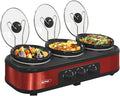 Triple Slow Cooker, 3 x 1.5 Quart Cooker Buffet Server and Food Warmer Electric Red Triple Slow Cookers Adjustable Temp Lid Rests Stainless Steel Manual, Total 4.5 QT