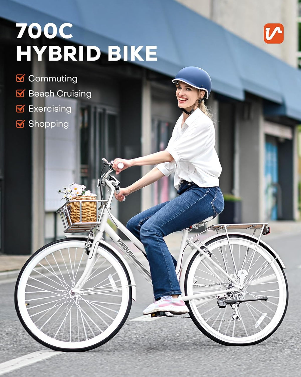 Hybrid Bike, 700C Step Through, 7 Speed, Lightweight with Basket & Rack U9025