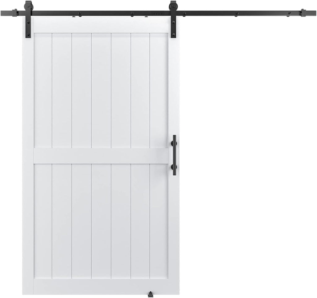 48in x 84in MDF Sliding Barn Door with 8ft Barn Door Hardware Kit & Handle, Pre-Drilled Holes Easy Assembly -Solid Barn Door Slab Covered with Water-Proof PVC Surface, White, H-Frame