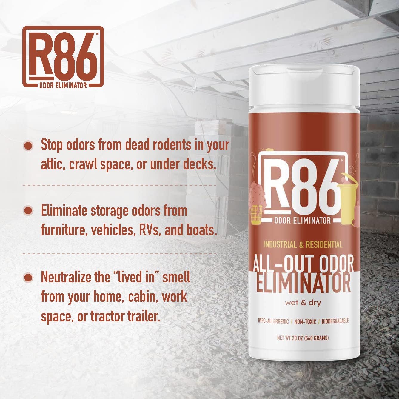 Industrial All-Out Odor Eliminator, Removes Dead Animal Odor, Skunk Odor, Urine, Poop, Musty Basement & More – Natural Formula, Use Wet or Dry, Biodegradable