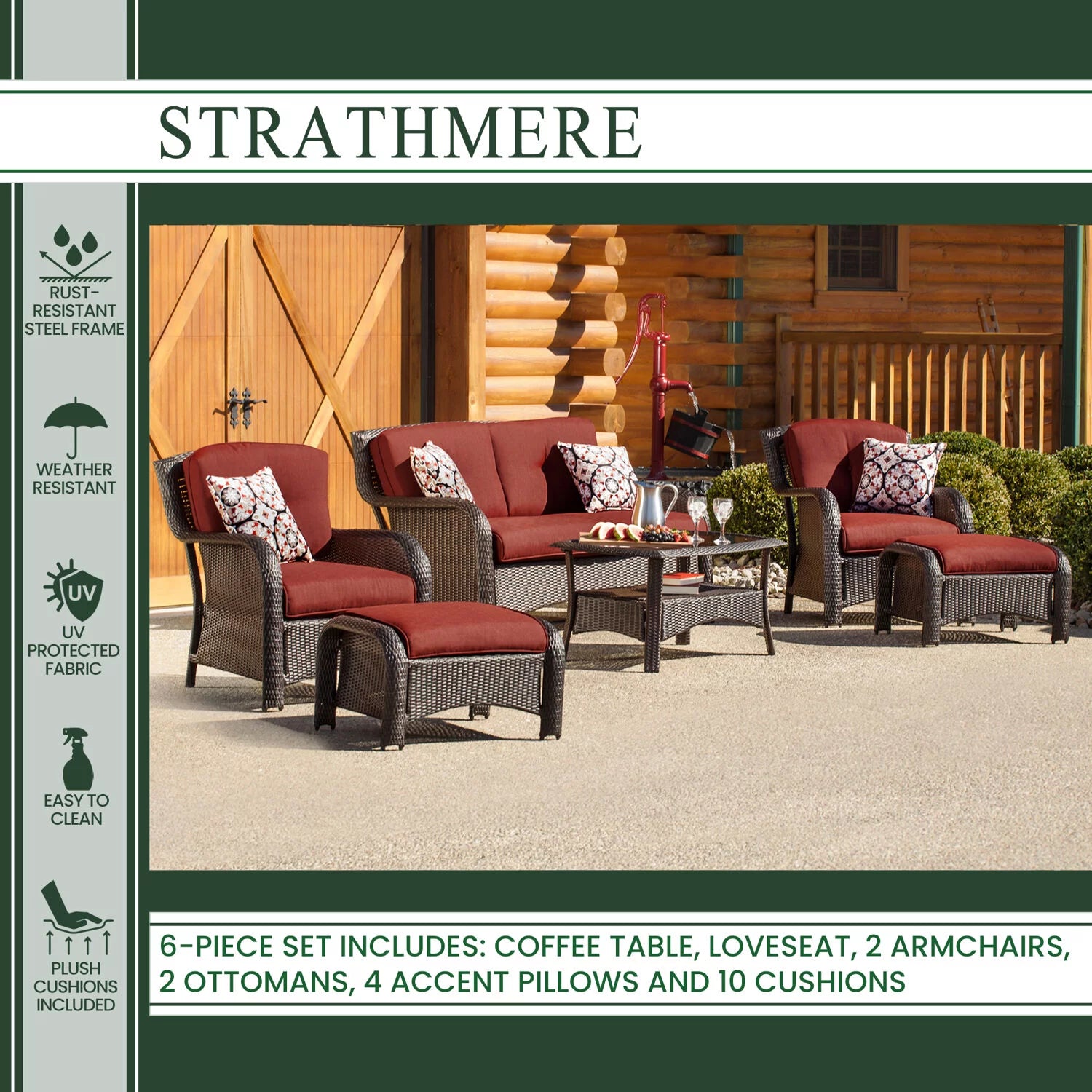 6-Piece Wicker Outdoor Conversation Set, Crimson Red P9795