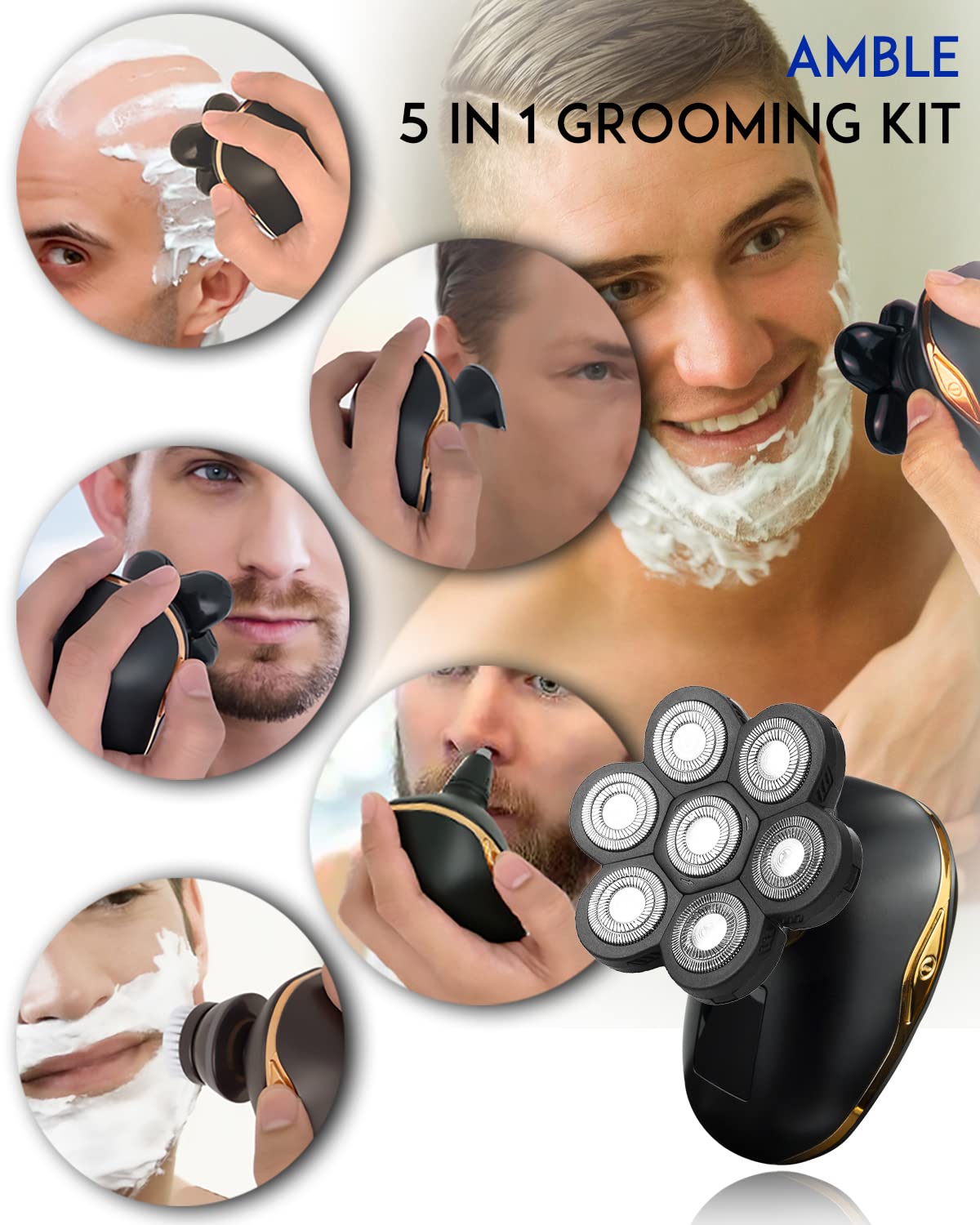 5-in-1 Electric Shaver for Bald Men, Waterproof Cordless Rotary Razor with LED Display I356