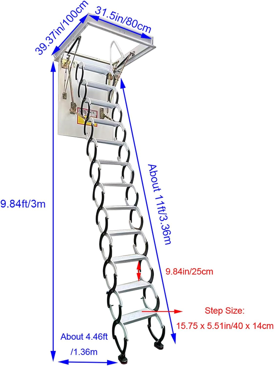Retractable Pull Down Attic Ladder, 12 Steps Folding Ladder, 9.84ft Adjustable Height K617