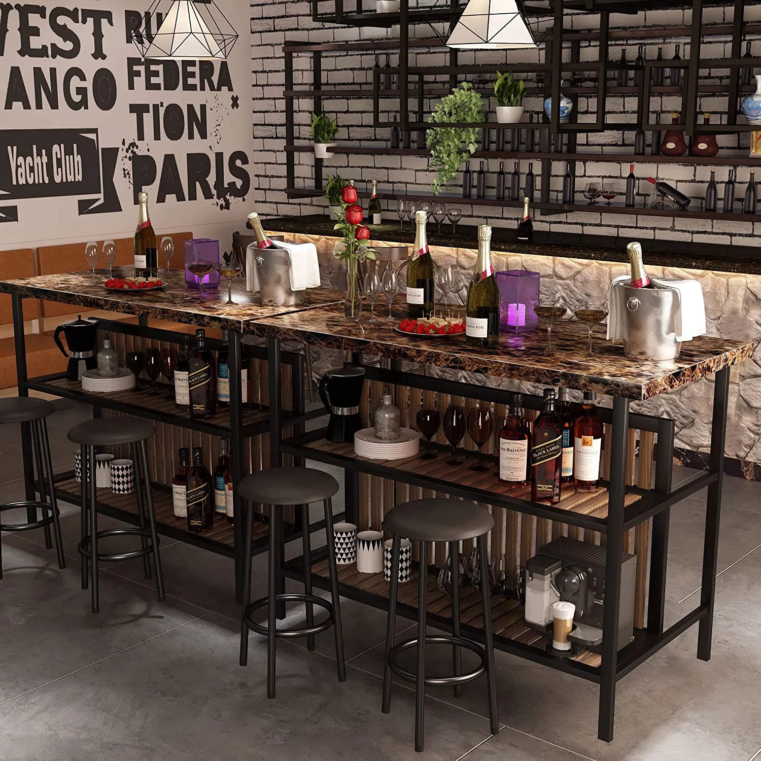 3-Piece Home Bar Dining Table Set, 47 Inch Bar Height Table and Chairs with Artificial Marble Top and Storage Shelf P5587