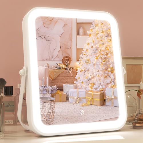 Vanity Mirror with Lights, 14"×12" LED Makeup Mirror, Lighted Makeup Mirror with Lights, Smart Touch Control, Lighted Up Mirror for Makeup Desk, Bedroom, 360° Rotation