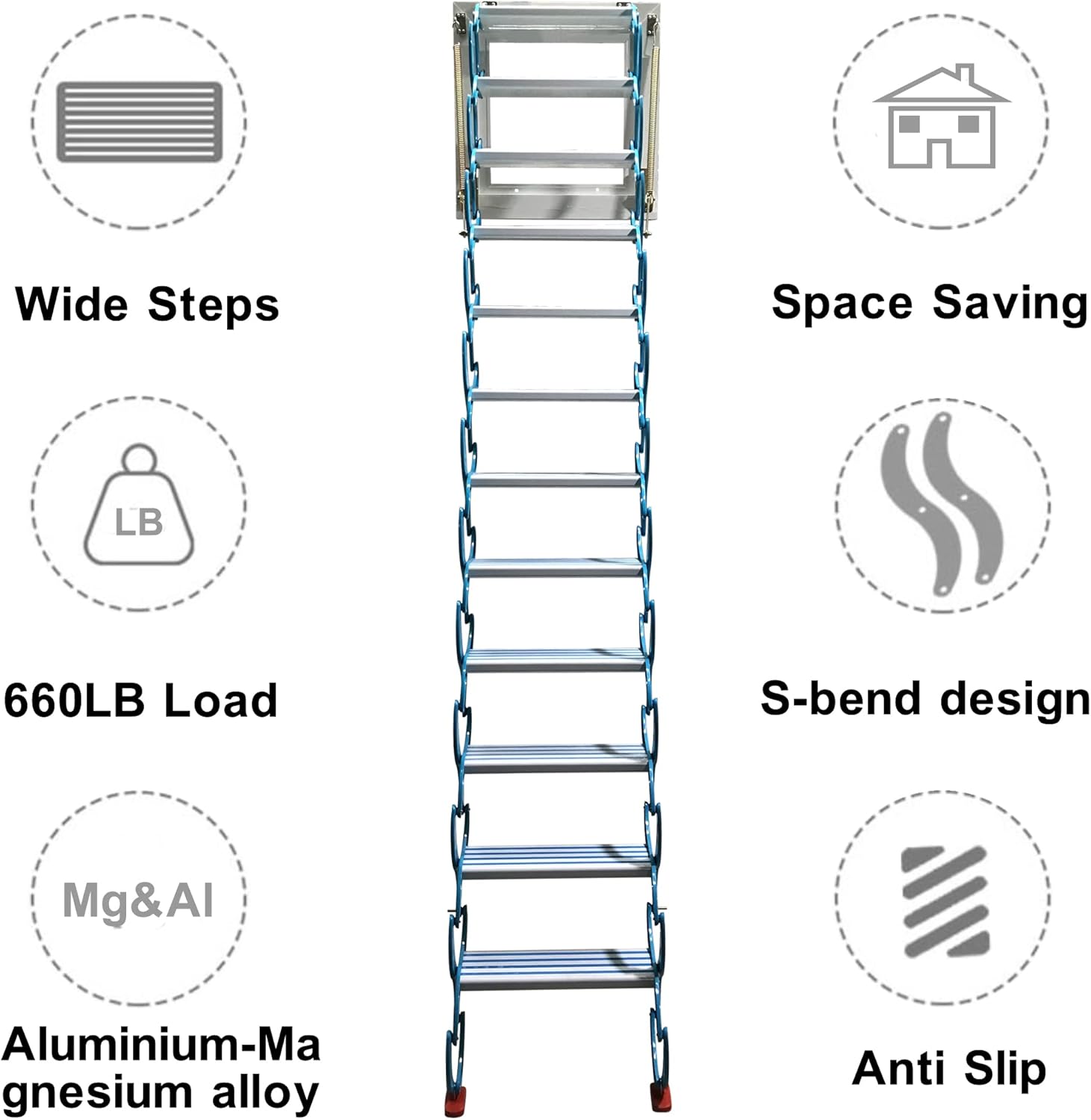 Folding Attic Ladder 12 Steps Wall Mounted Al-Mg Alloy 9.8ft Blue with Armrests A3121