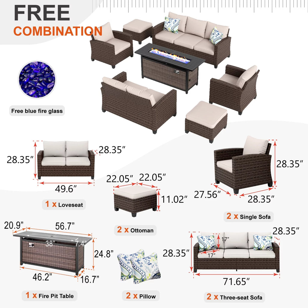 9-Seat Outdoor Patio Furniture Set with Fire Pit Table Wicker Beige P993501