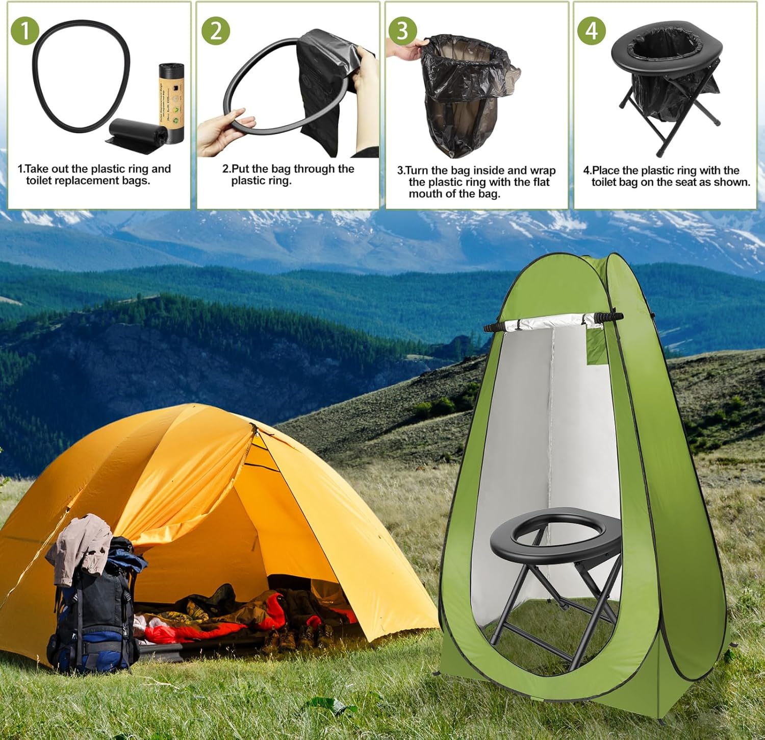 Portable Camping Toilet with Pop Up Privacy Tent, 300LBS Washable U4739