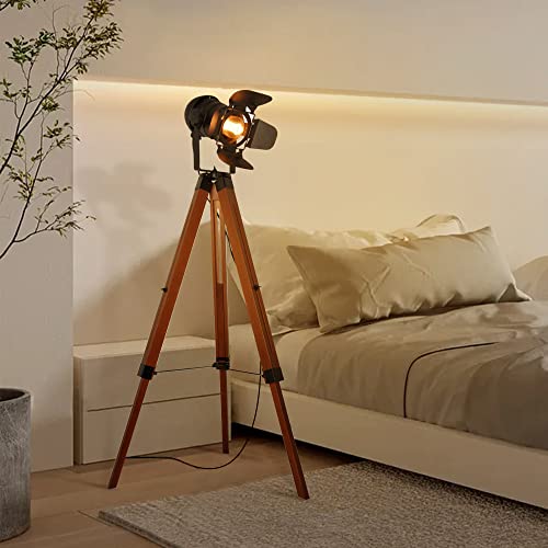 Industrial Tripod Floor Lamp for Living Room, Vintage Standing Reading Lamp with Metal Wood Leg A791