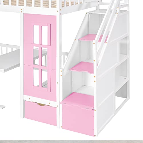 Twin-Over-Twin Bunk Bed with Slide, Storage Staircase, Solid Wood Frame U37969