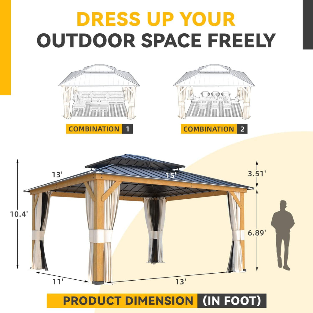 13'x15' Wood Gazebo with Netting and Curtains C6231