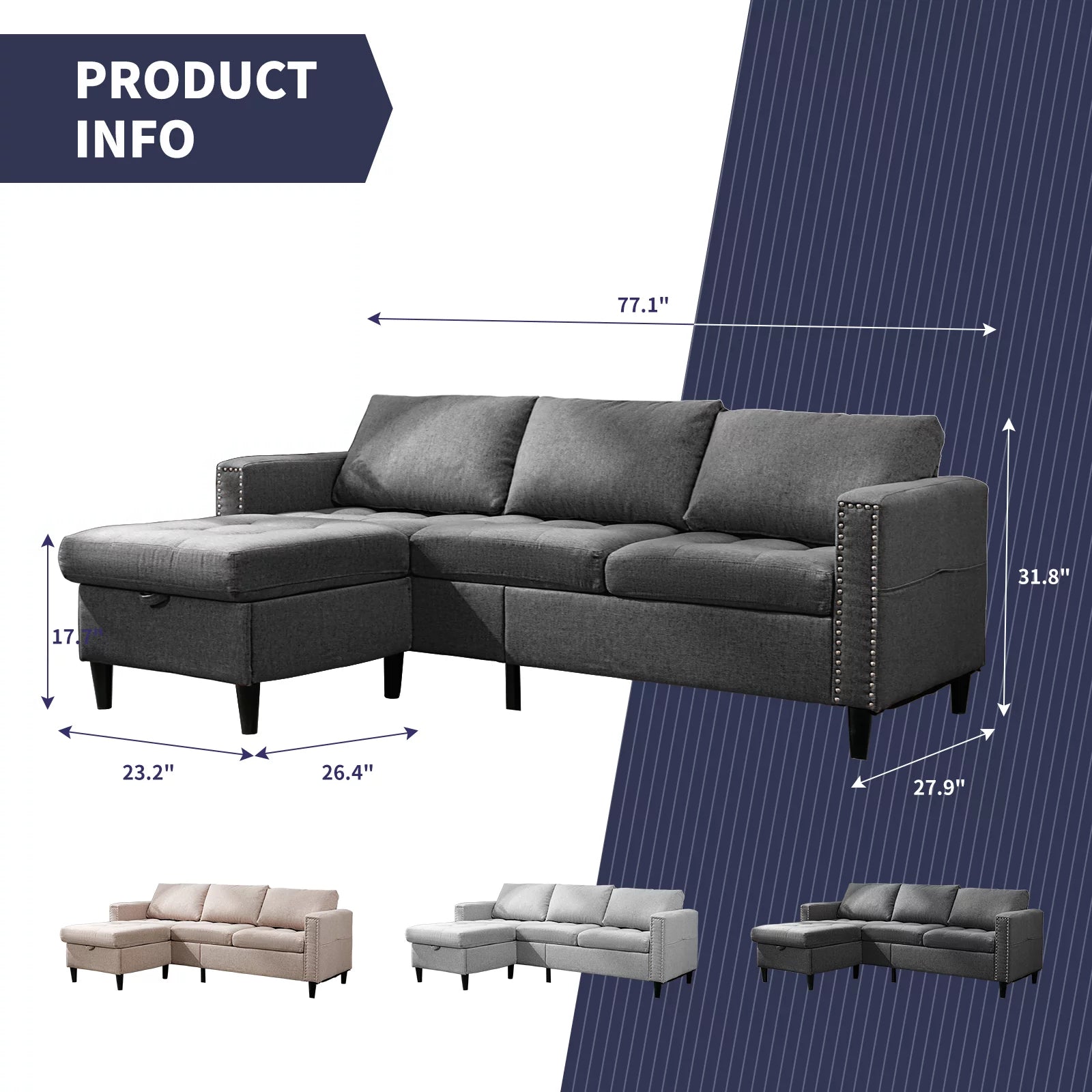 Reversible Sectional Couch, 3 Seat L Shaped Modular Sleeper Sofa Bed with Storage Ottoman, Dark Grey A4441