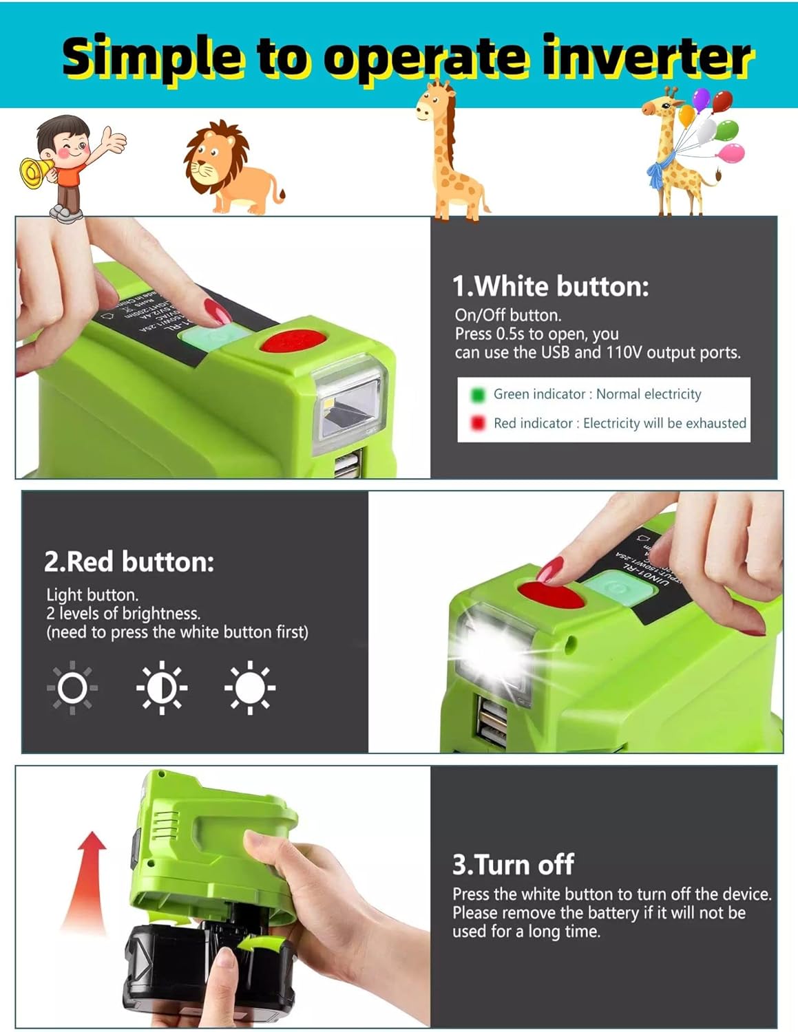 Portable Power Inverter for 18V Lithium Battery, USB Charger Adapter, 110V 120V O540985