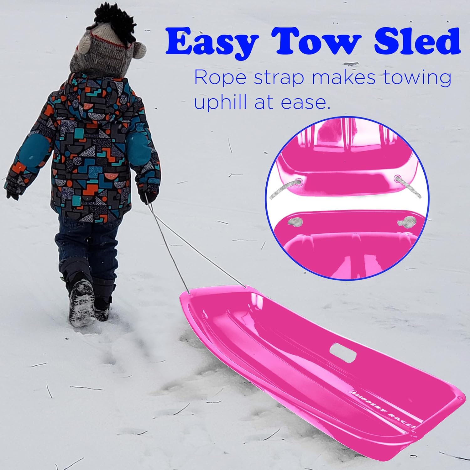 Plastic Toboggan Snow Sled for Kids with Pull Rope, Pink (3 Pack) I88453
