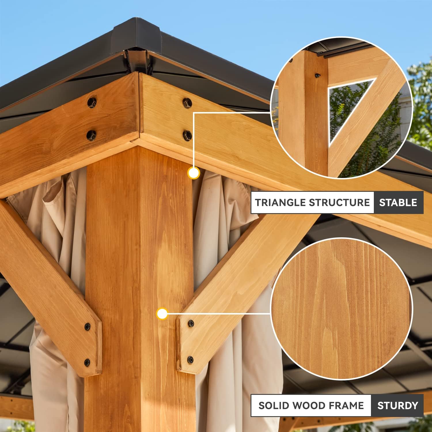 13'x15' Wood Gazebo with Netting and Curtains C6231