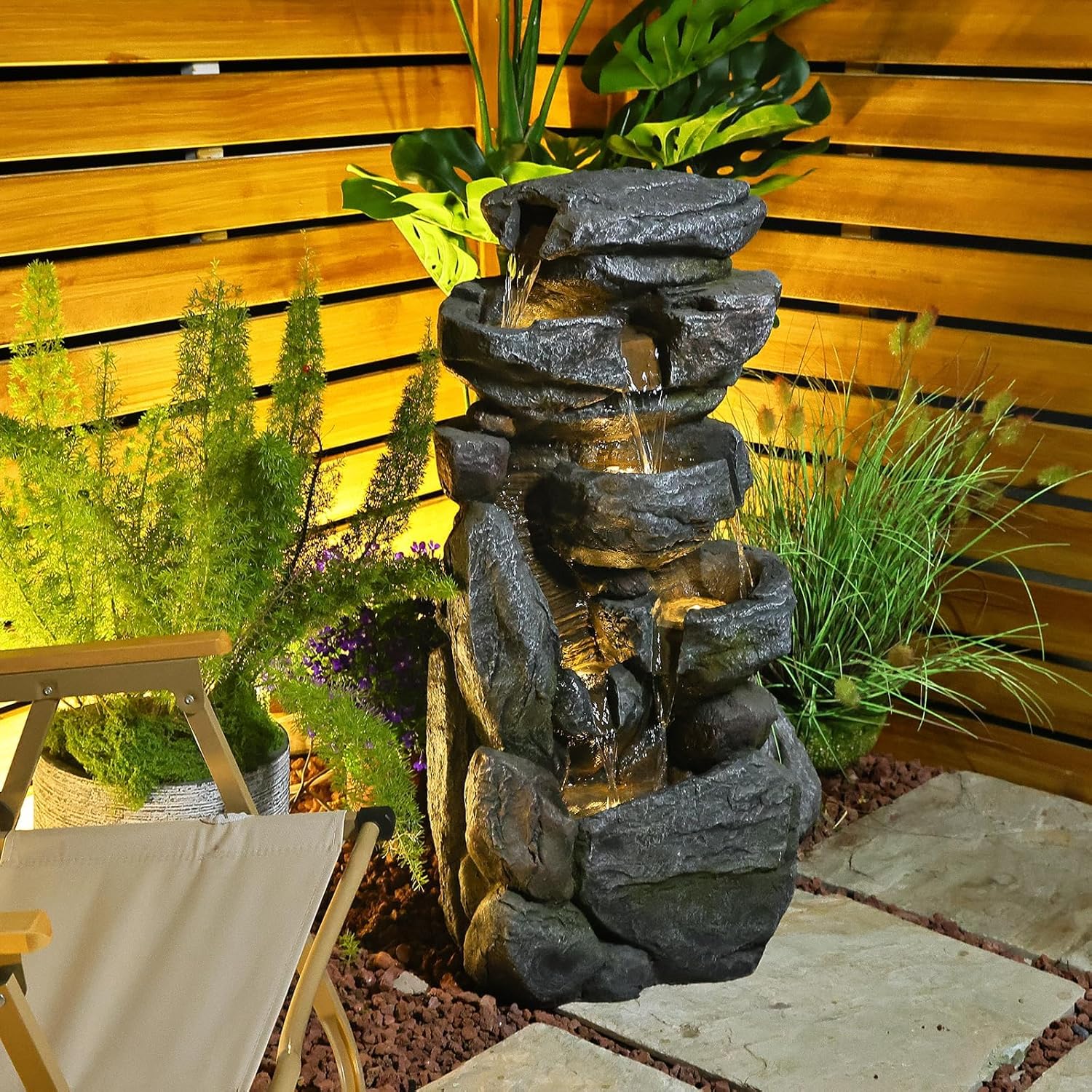 Outdoor Rock Water Fountain with Light, 31.5 Inch V212