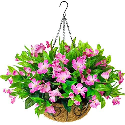 Artificial Faux Plants Flowers Hanging Basket for Outdoors Spring Decoration, Fake Silk Pink Azalea in Pot Planter UV Resistant Look Real for Porch Patio Outside Garden Yard Home