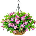 Artificial Faux Plants Flowers Hanging Basket for Outdoors Spring Decoration, Fake Silk Pink Azalea in Pot Planter UV Resistant Look Real for Porch Patio Outside Garden Yard Home