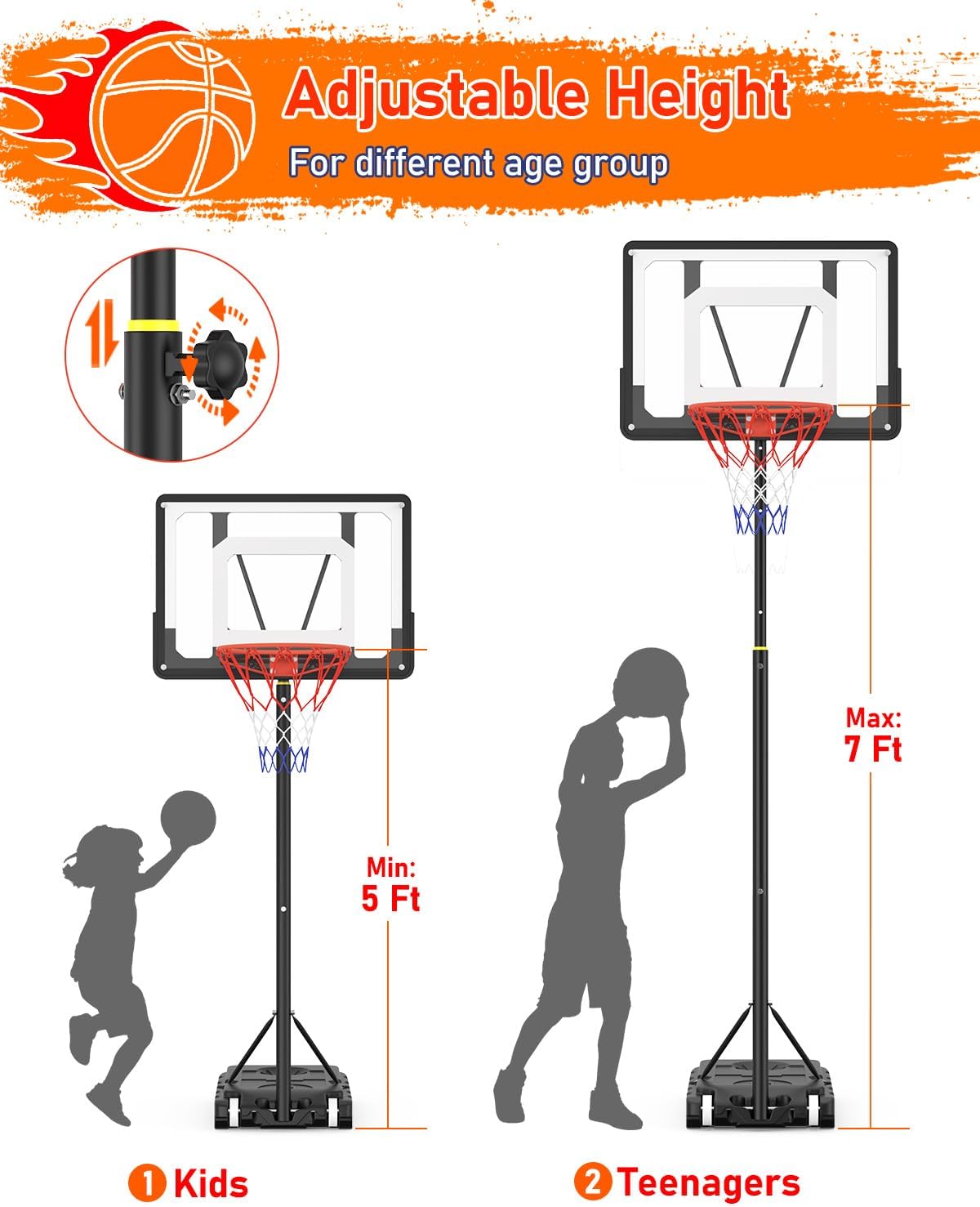 Portable Basketball Hoop, 5-7FT Adjustable, 33 Inch Shatterproof Backboard with Wheels V690391
