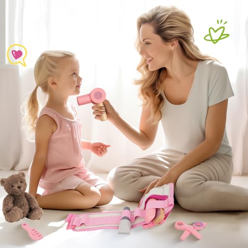 Wooden Hair Salon Pretend Play Set with Blow Dryer and Styling Accessories Z591