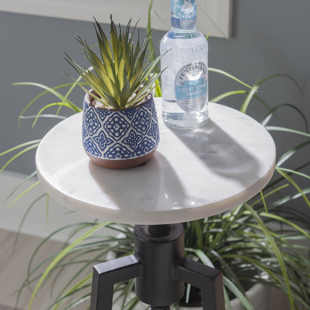 Round Adjustable Height Drink Table, 25-30" Tall, Black/White Marble P104