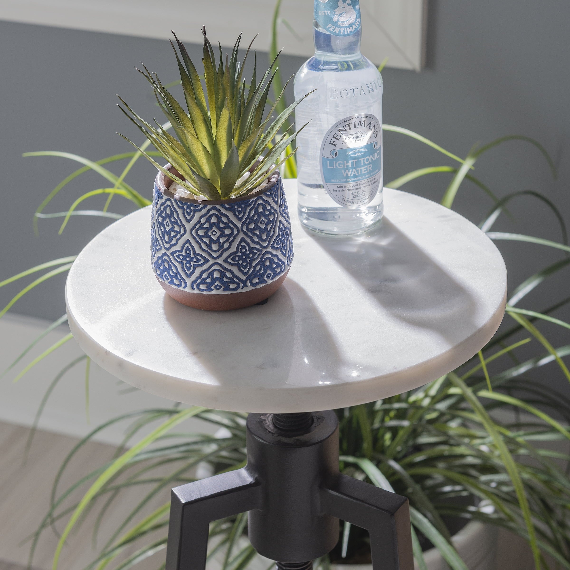 Round Adjustable Height Drink Table, 25-30" Tall, Black/White Marble P104