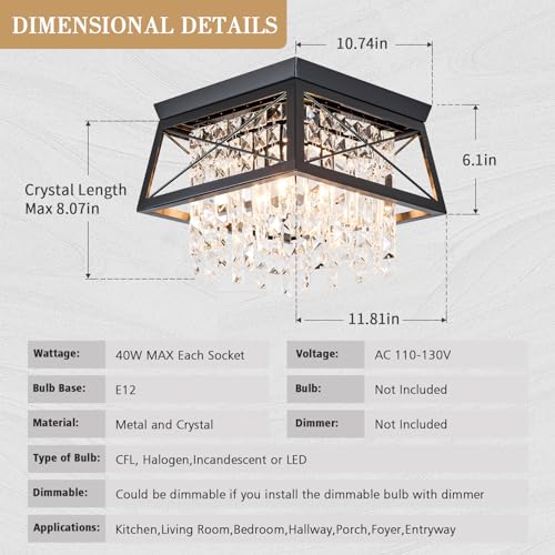 Crystal Flush Mount Ceiling Light, 11.8 inch 4-Light Black Farmhouse Metal Fixture Y816
