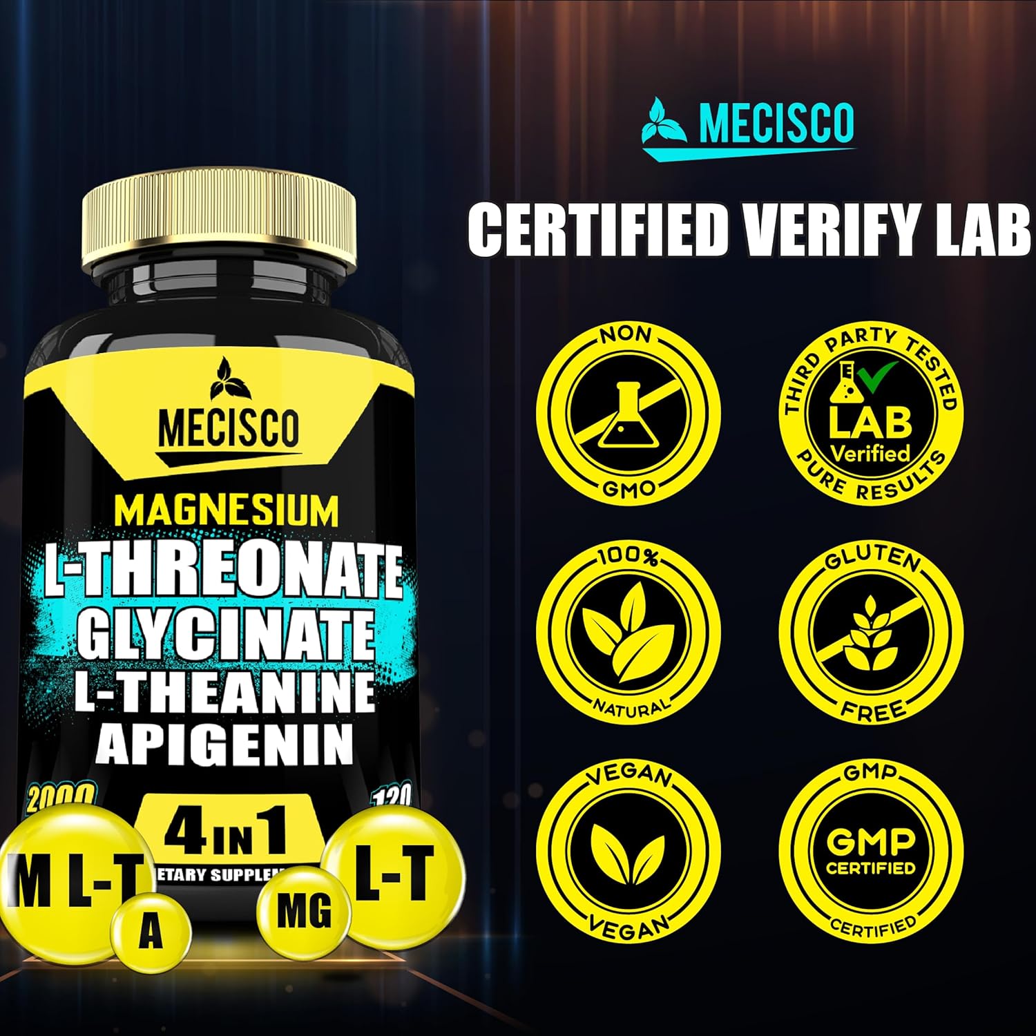 Magnesium L-Threonate Supplement with Glycinate, L-Theanine & Apigenin, 120 Capsules P817594