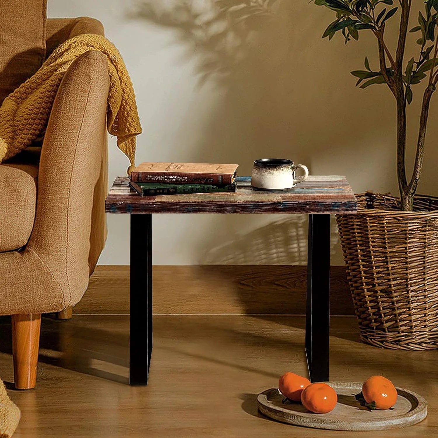 Reclaimed Wood End Table with Flat Iron Legs, Small Rectangular Side Table T19044