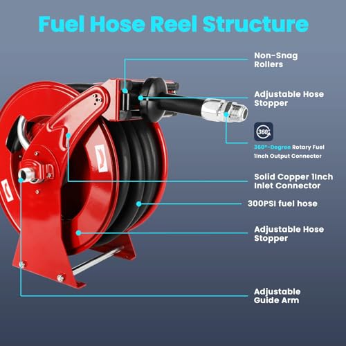Retractable Diesel Fuel Hose Reel 1" x 33' with Nozzle, 300 PSI Steel Construction V499