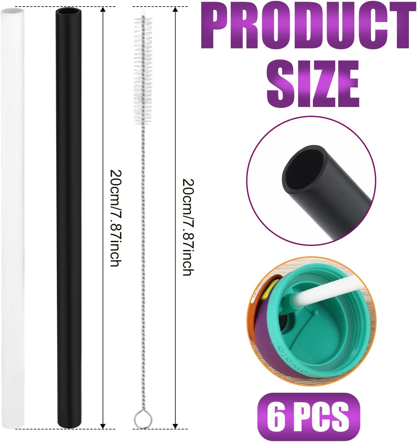 Replacement Straws for 24oz Water Bottle, 6pcs Reusable Plastic with Cleaning Brush S9912