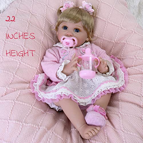 Lifelike Reborn Baby Doll 22 Inch Newborn Girl with Feeding Toy Accessories Gift Set U6351