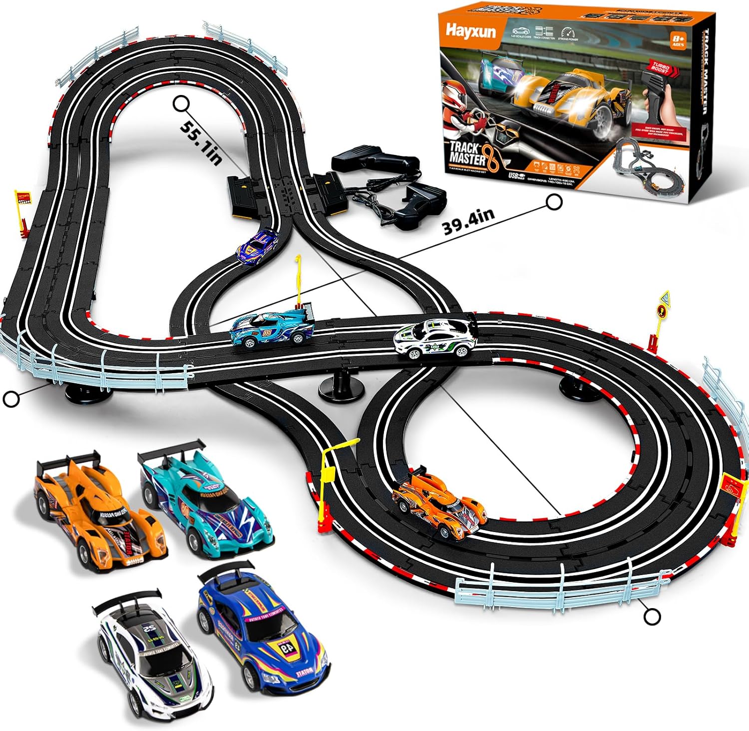 Slot Car Race Track Set with 4 High-Speed Cars and 2 Controllers Y553422