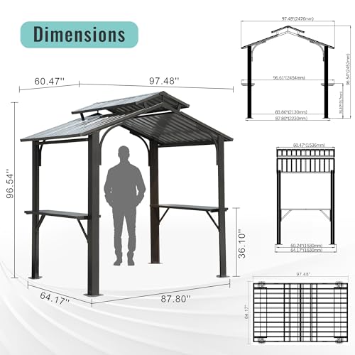 8x5FT Hardtop Grill Gazebo with 2 Side Shelves and Bottle Opener A955