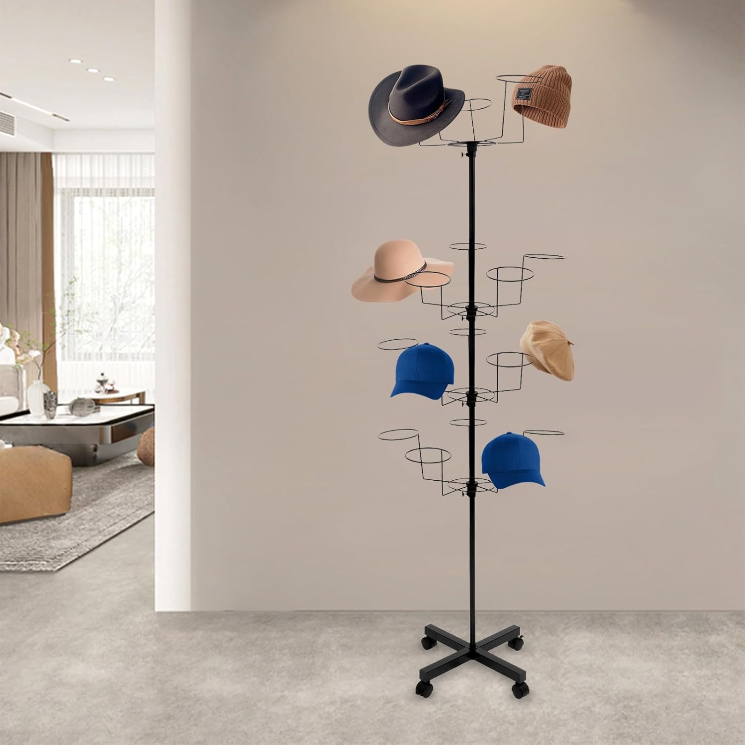 Rotating Hat Display Stand with Wheels, Adjustable Cap Organizer, Metal Hooks T556391