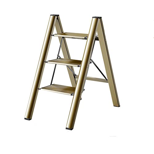 3 Step Ladder Folding Step Stool with Anti-Slip Wide Pedal 330lbs Capacity Lightweight Portable Aluminum Stepladder Household Tool for Home Kitchen Office - Champagne Color