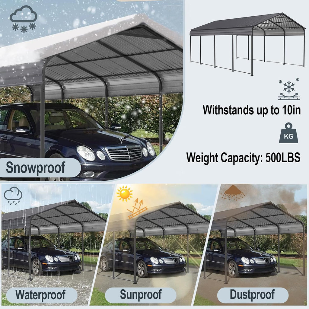 Carport 10 x 20 ft Heavy Duty Metal Canopy with Galvanized Steel Roof Frame, Outdoor Car Shelter Tent O390091