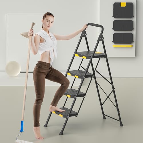 5 Step Ladder with Tool Platform, Folding Step Stool with Handrails, 800 LBS Portable Safety Ladder for Adults I66111
