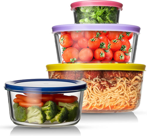 Razab 12 Pc Glass Food Storage Container Set with Lids 7, 4, 2 &1 Cup Round Meal Prep, Secure Lid Containers for Lunch & Leftover Ideal for Baking, Storing BPA Free Leak Proof Oven & Dishwasher Safe