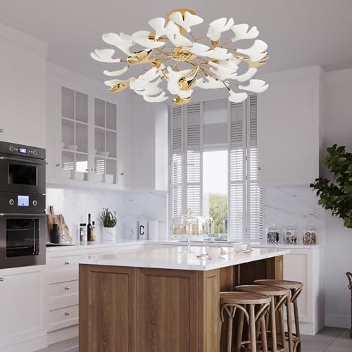 Gold Ceramic Ginkgo Leaf Semi Flush Mount Ceiling Light, 24 Inch O666194