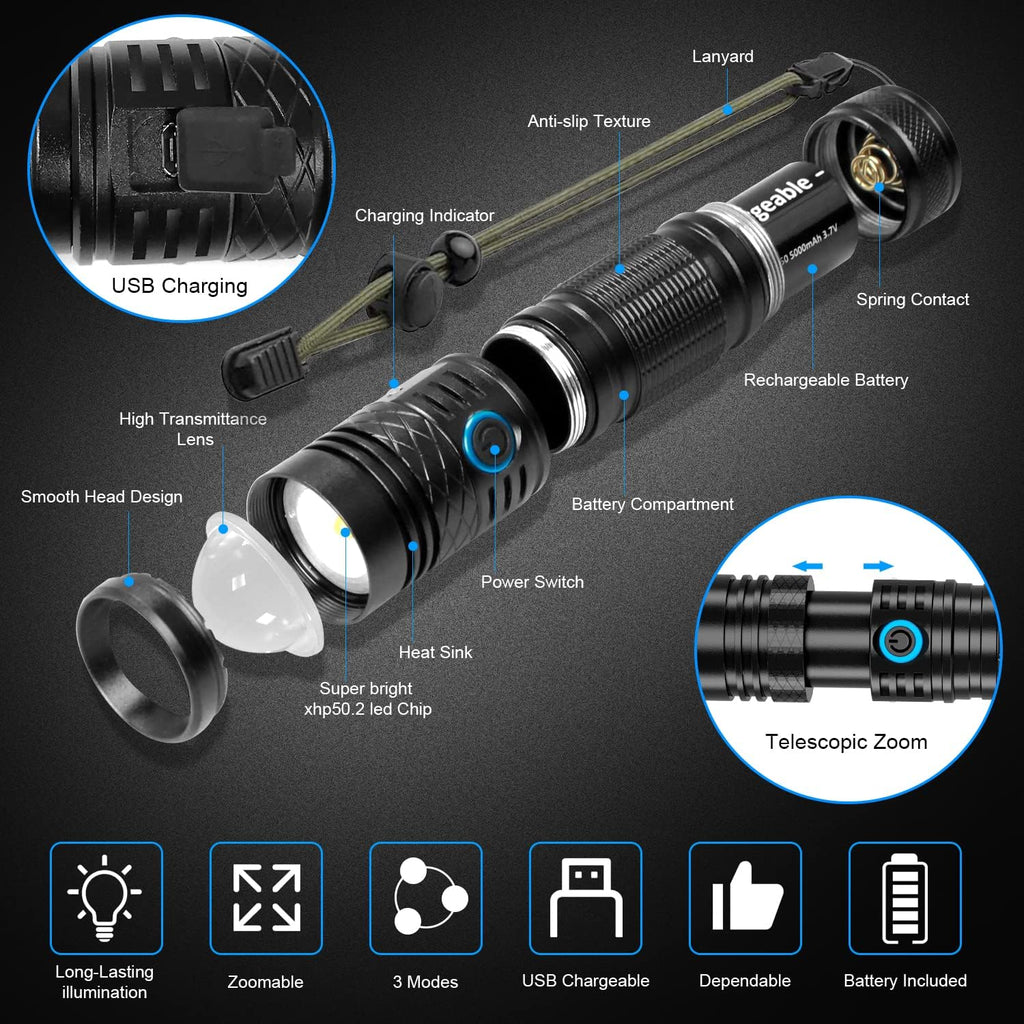 Rechargeable LED Flashlight, 1200 Lumens, USB-C, Waterproof F69289