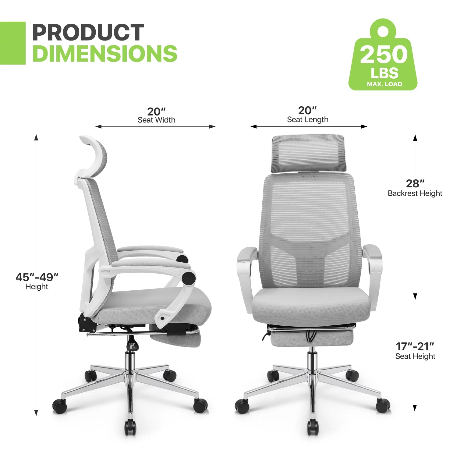 Ergonomic Office Executive Chair with Headrest and Footrest, Grey R3223