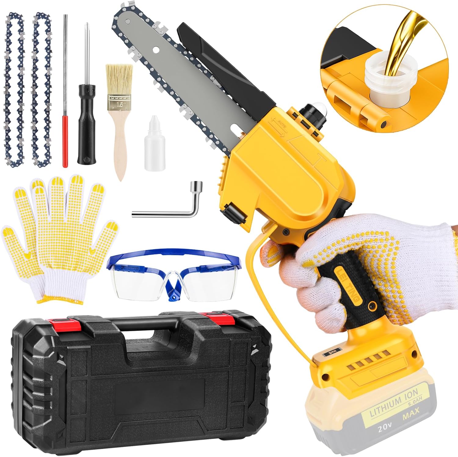 Mini Chainsaw for Dewalt Battery 20V MAX, 6 Inch Cordless Chain Saw with 550W Brushless Motor & Oil Reservoir, One-Handed Operation, Double Safety Lock for Wood Cutting Tree Trimming (No Battery)